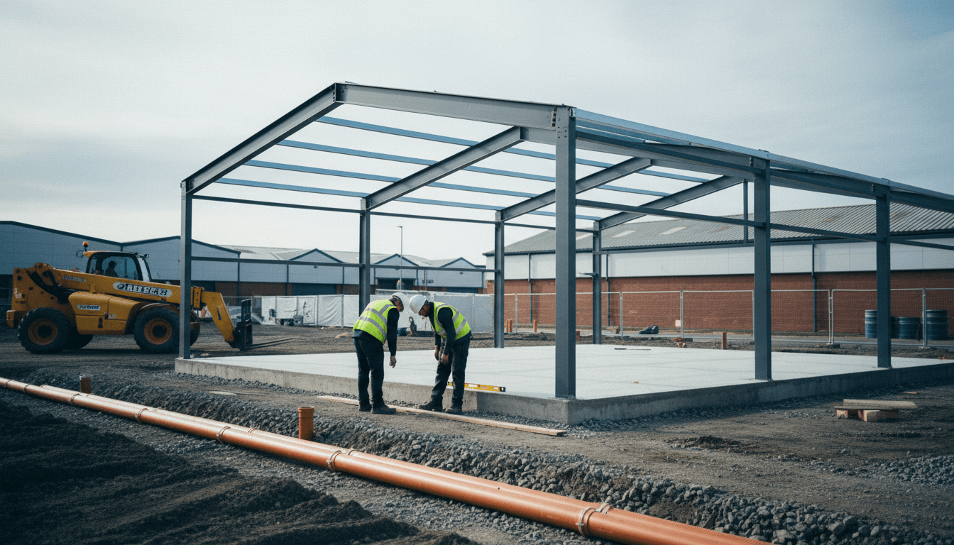 A structural steel frame going up over a new concrete slab, with fresh drainage runs and groundworkers checking levels