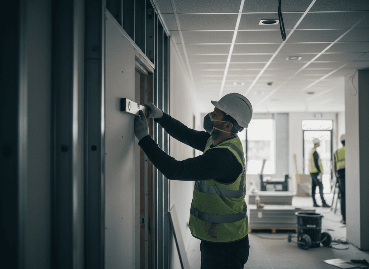 A tradesman in hi-vis checking a partition wall with a spirit level during a commercial fit-out