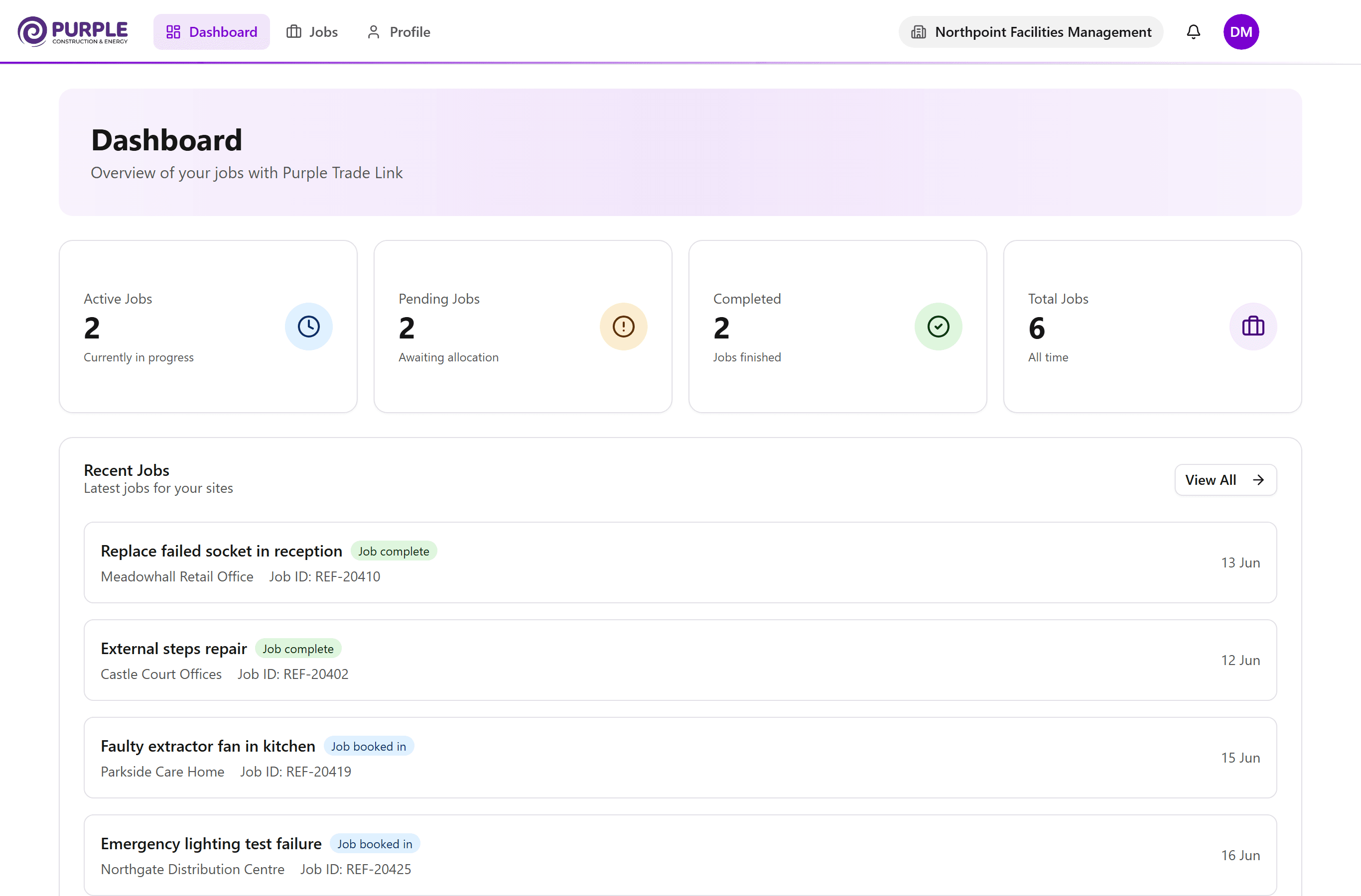 The Purple portal dashboard, showing active, pending and completed job counts above a list of recent jobs with their status and date for each site