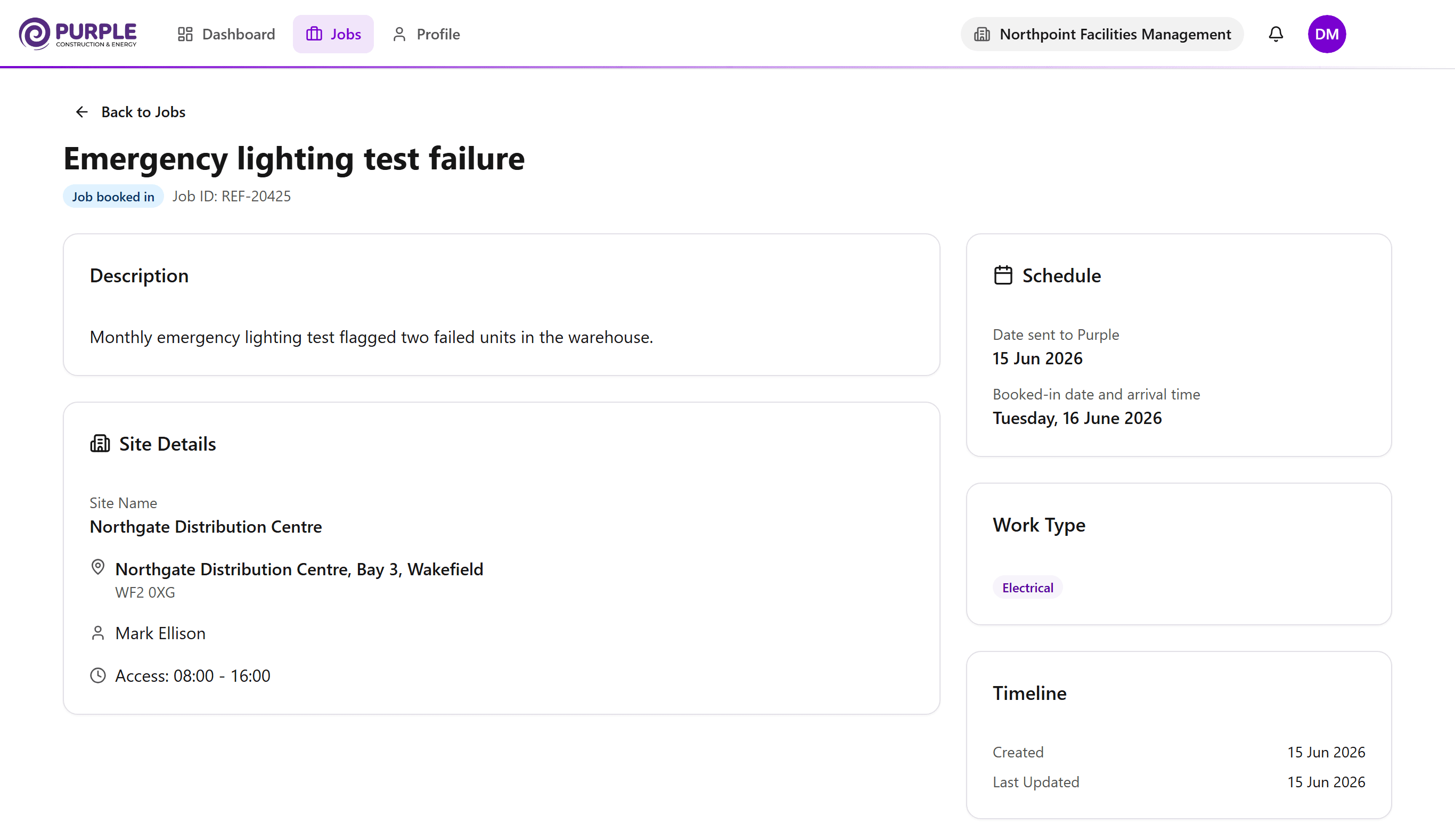 A single job in the Purple portal, showing its status, description, site address, access hours, the booked-in date and a timeline of updates