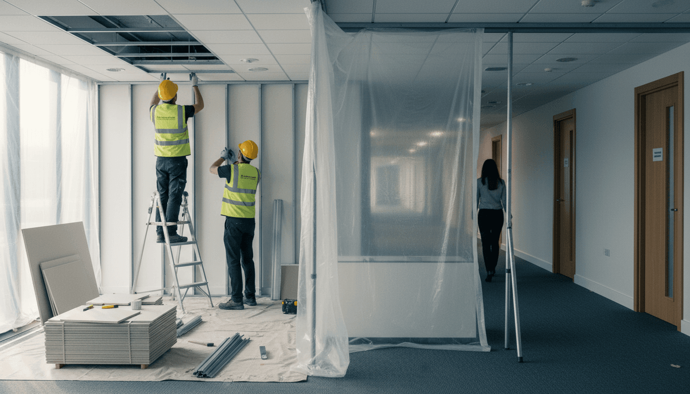 A commercial refurbishment under way behind a dust screen, with the corridor beside it still in everyday use